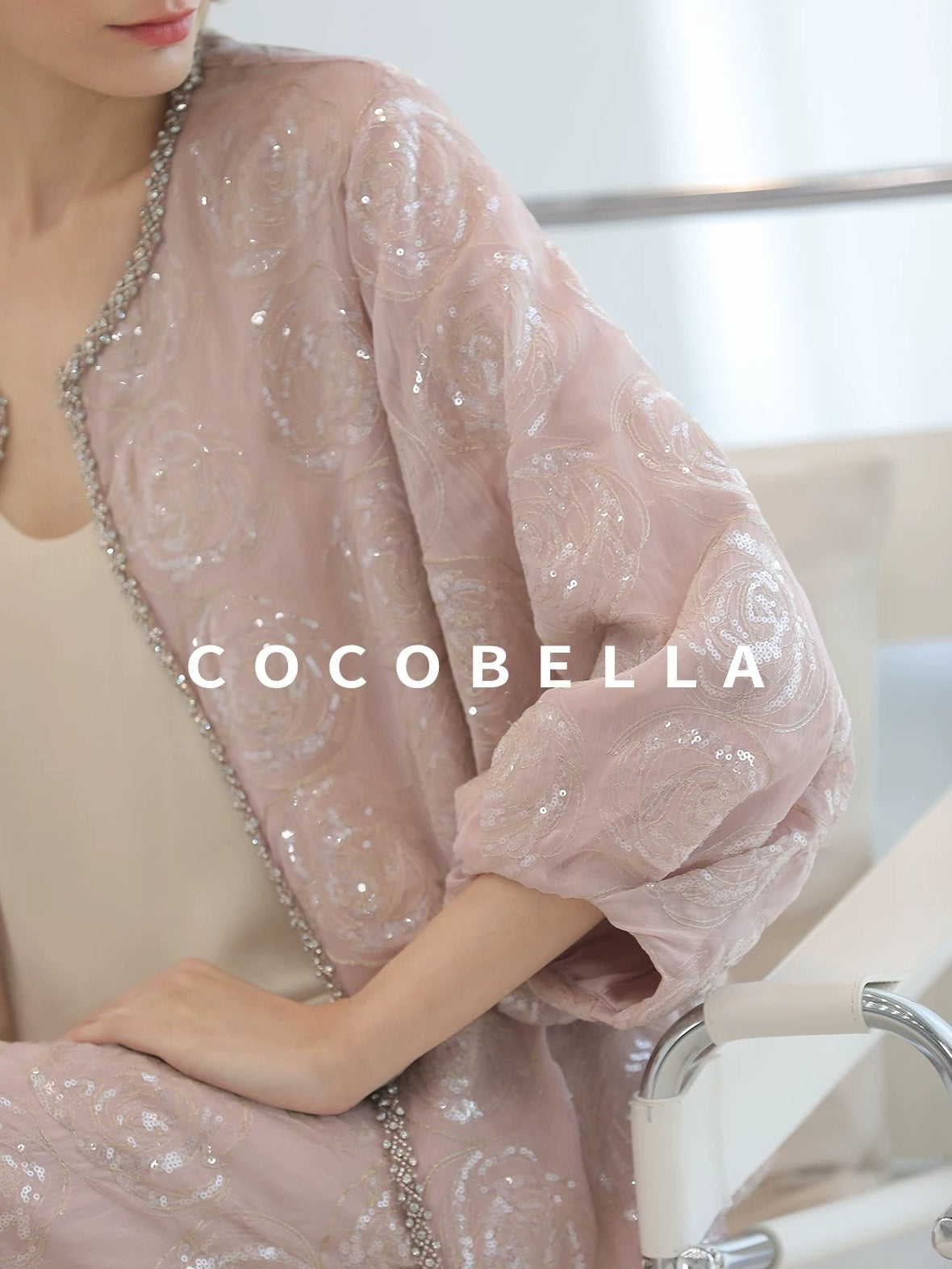 COCOBELLA Embroidered Sequin Beaded Lantern Sleeve Loose Fit Boucle Women Trim Sweater