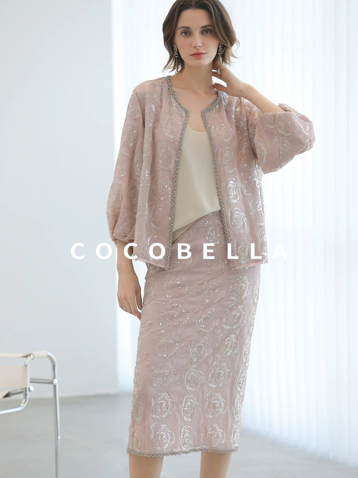 COCOBELLA Embroidered Sequin Beaded Lantern Sleeve Loose Fit Boucle Women Trim Sweater
