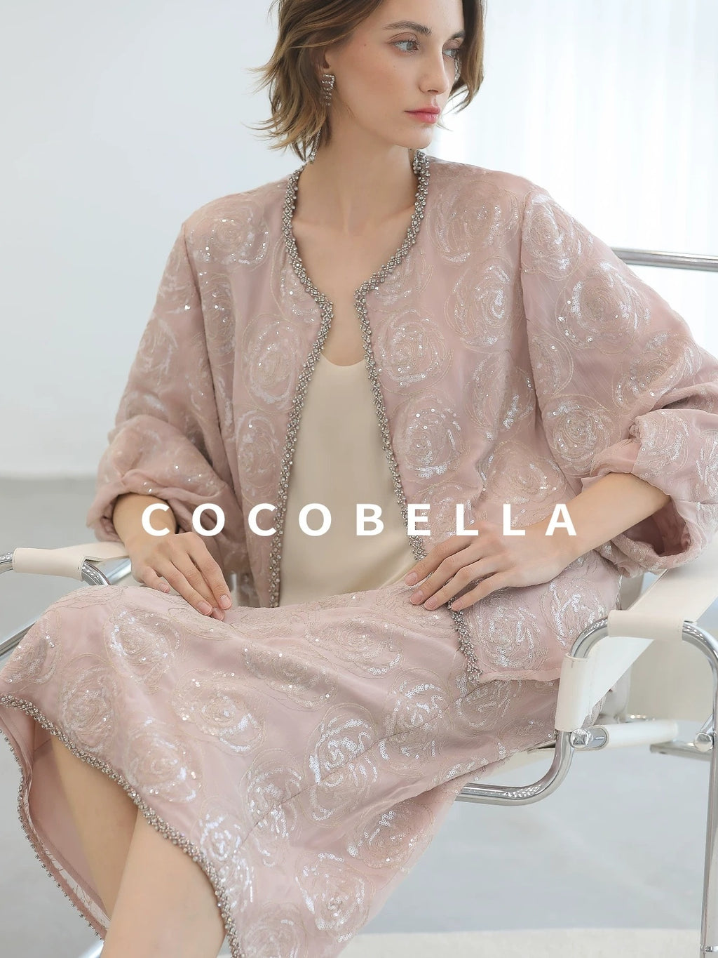 COCOBELLA Embroidered Sequin Beaded Lantern Sleeve Loose Fit Boucle Women Trim Sweater
