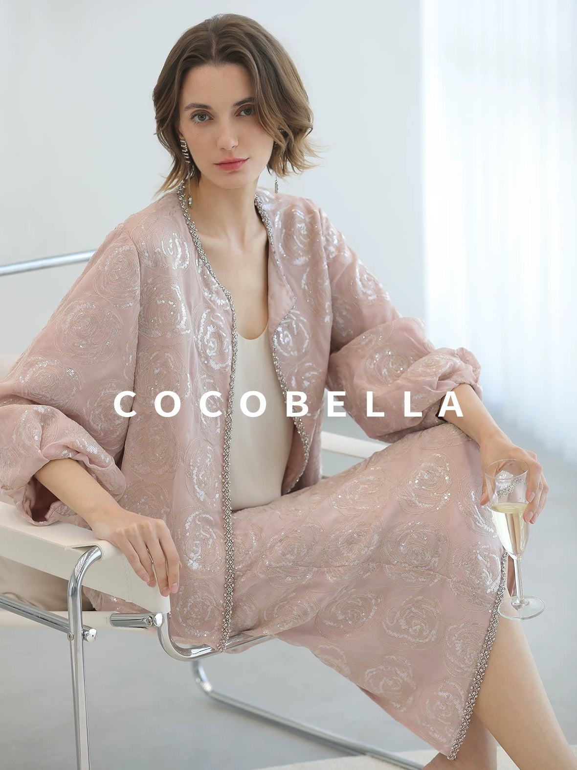 COCOBELLA Embroidered Sequin Beaded Lantern Sleeve Loose Fit Boucle Women Trim Sweater