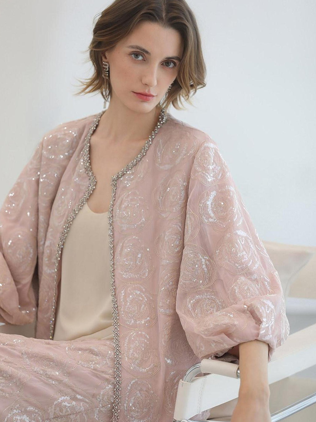 COCOBELLA Embroidered Sequin Beaded Lantern Sleeve Loose Fit Boucle Women Trim Sweater