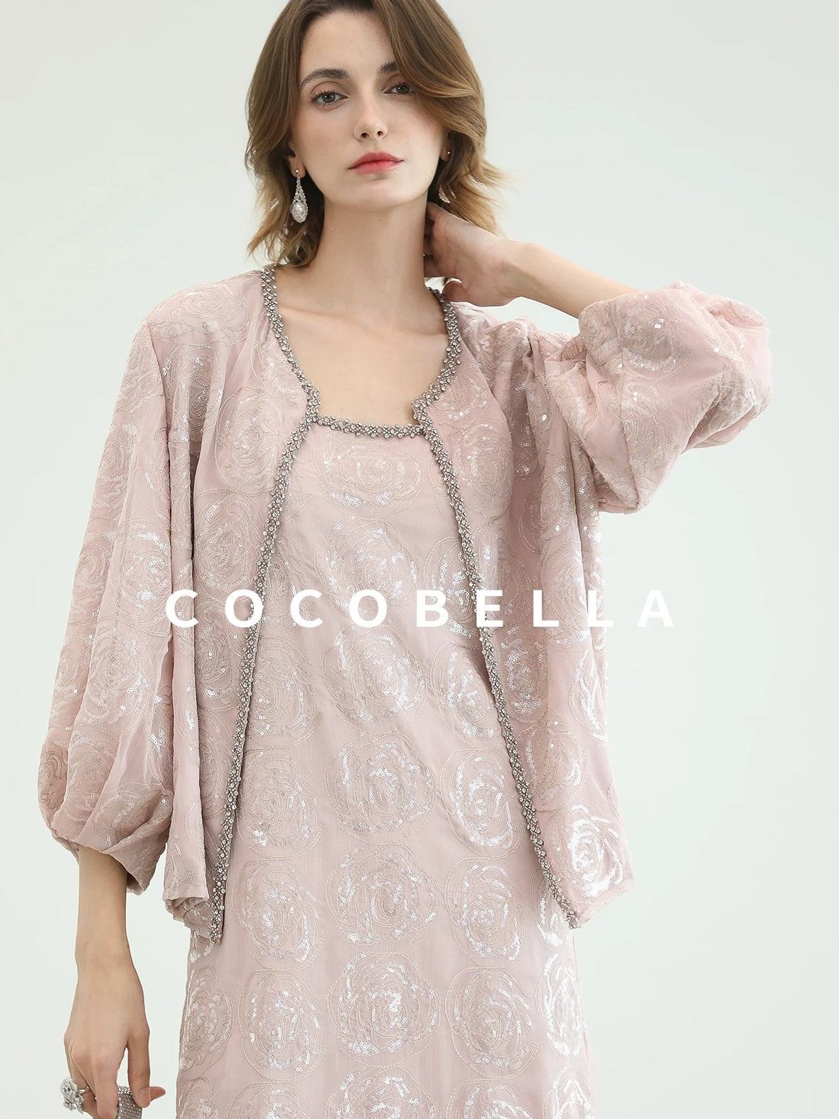 COCOBELLA Embroidered Sequin Beaded Lantern Sleeve Loose Fit Boucle Women Trim Sweater