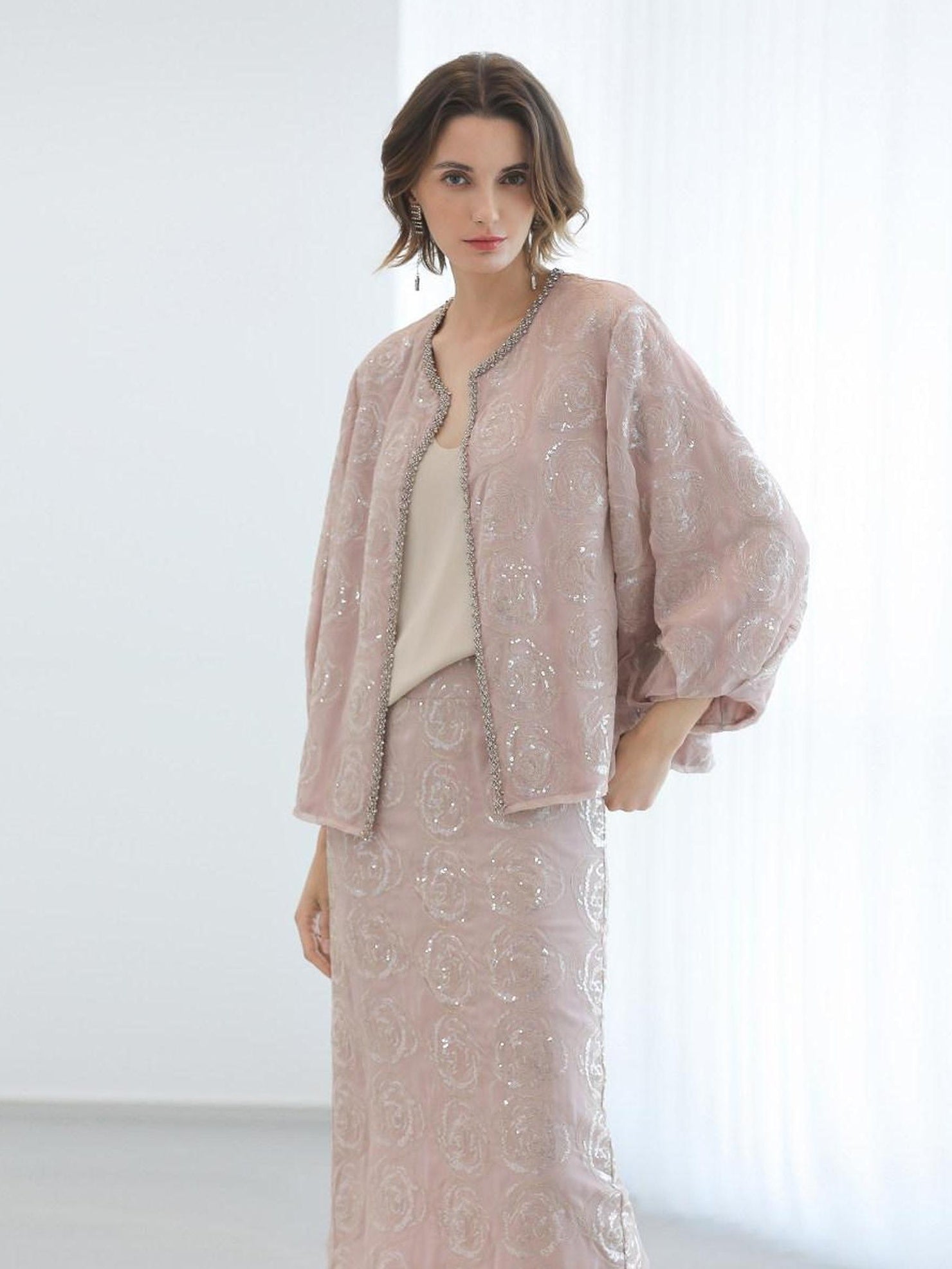 COCOBELLA Embroidered Sequin Beaded Lantern Sleeve Loose Fit Boucle Women Trim Sweater