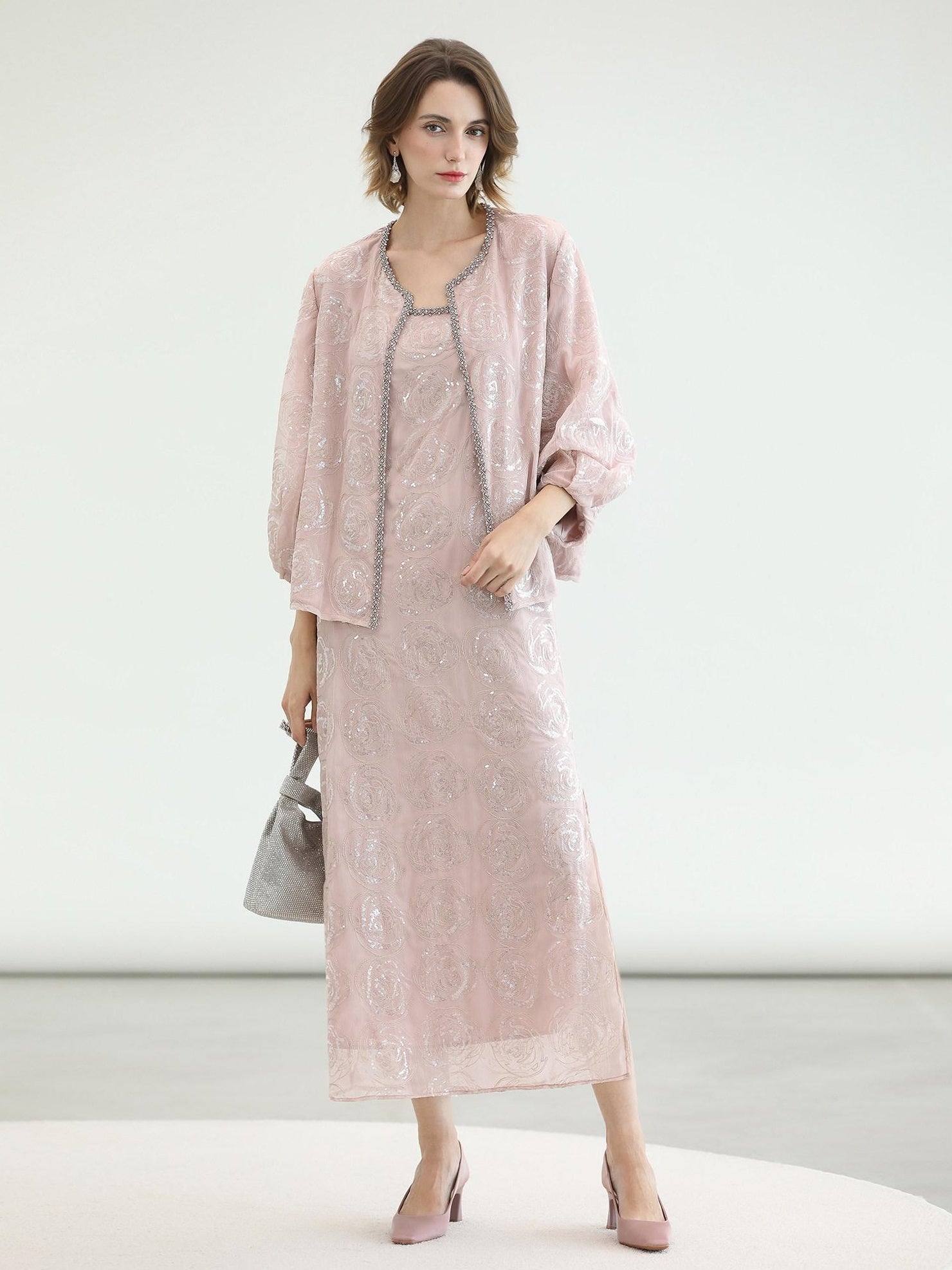 COCOBELLA Embroidered Sequin Beaded Lantern Sleeve Loose Fit Boucle Women Trim Sweater