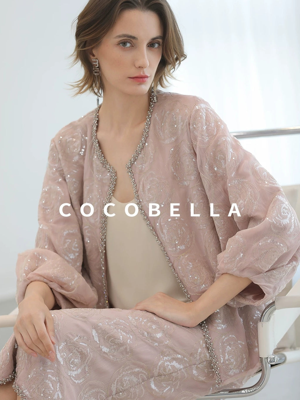 COCOBELLA Embroidered Sequin Beaded Lantern Sleeve Loose Fit Boucle Women Trim Sweater