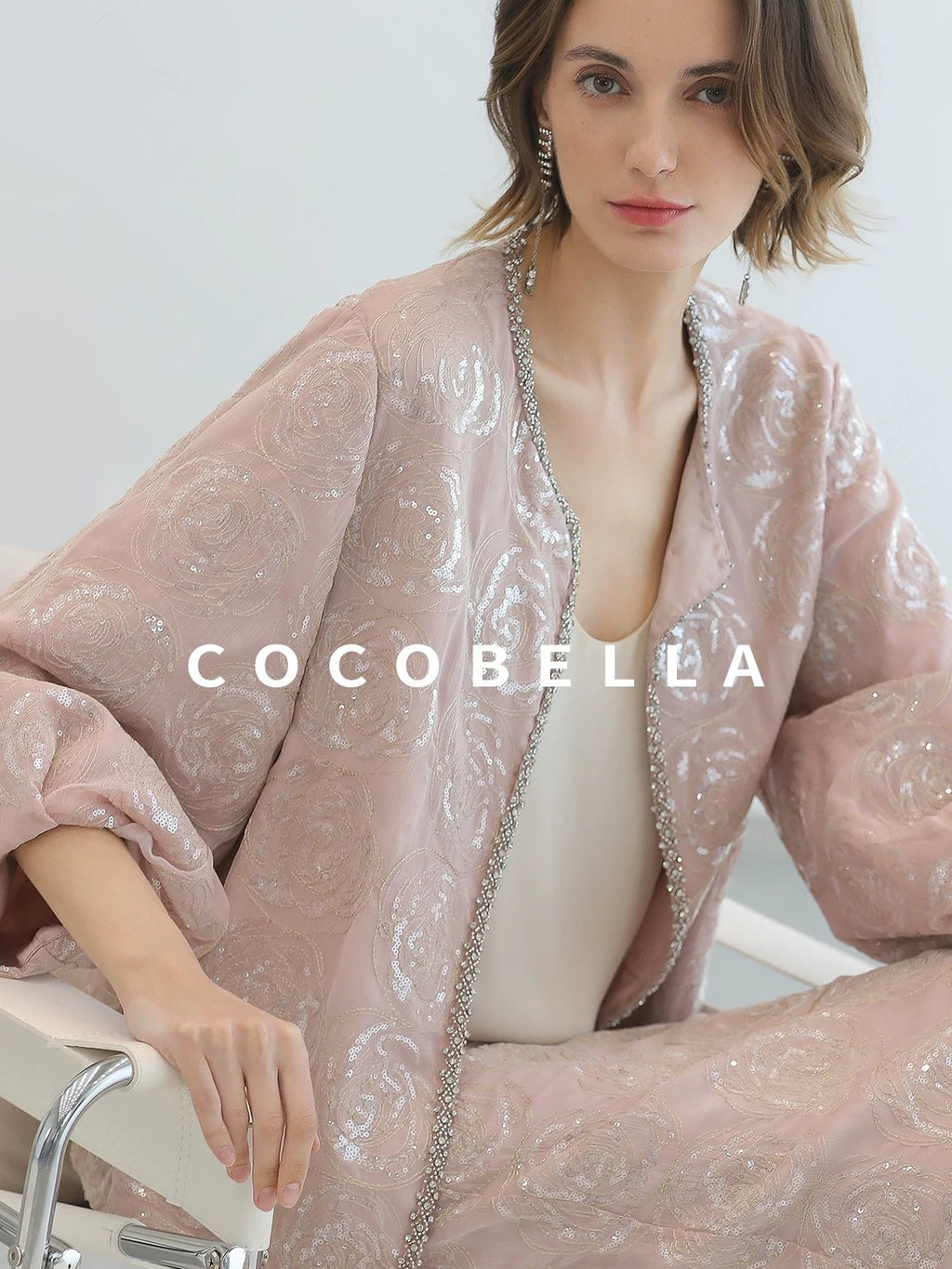 COCOBELLA Embroidered Sequin Beaded Lantern Sleeve Loose Fit Boucle Women Trim Sweater