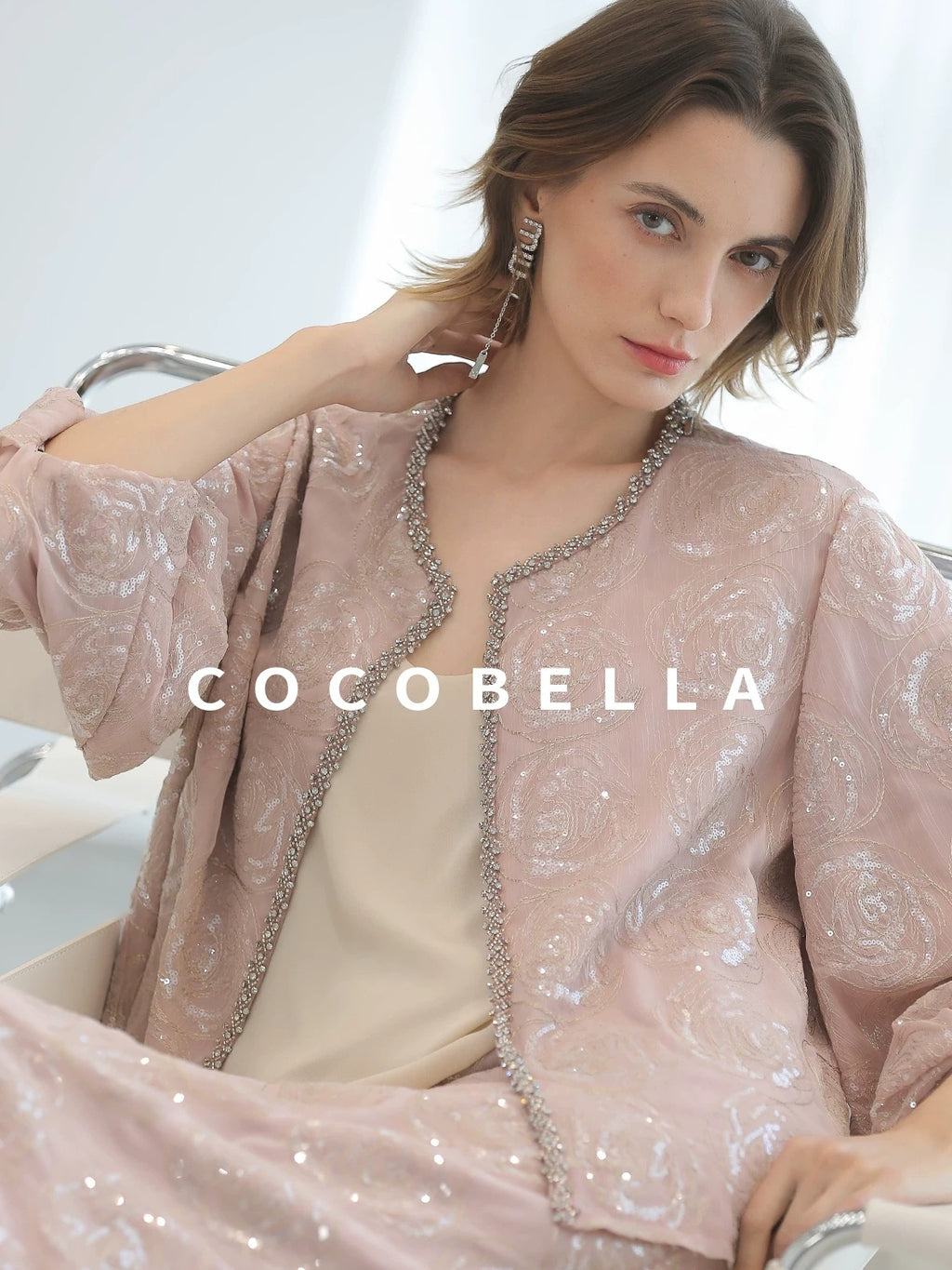 COCOBELLA Embroidered Sequin Beaded Lantern Sleeve Loose Fit Boucle Women Trim Sweater