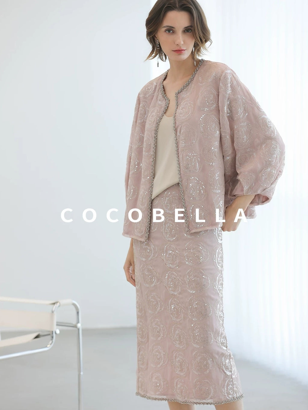 COCOBELLA Embroidered Sequin Beaded Lantern Sleeve Loose Fit Boucle Women Trim Sweater