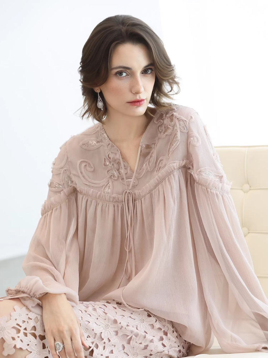 COCOBELLA_Embroidered_Sequin_Tie_Neck_French_Straight_Lantern_Sleeve_Pleated_Women_Shirts_MISSTT