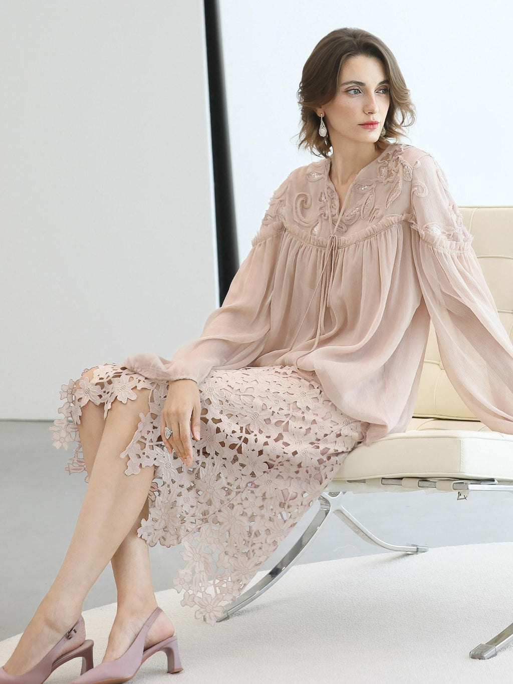 COCOBELLA Embroidered Sequin Tie Neck French Straight Lantern Sleeve Pleated Women Shirts