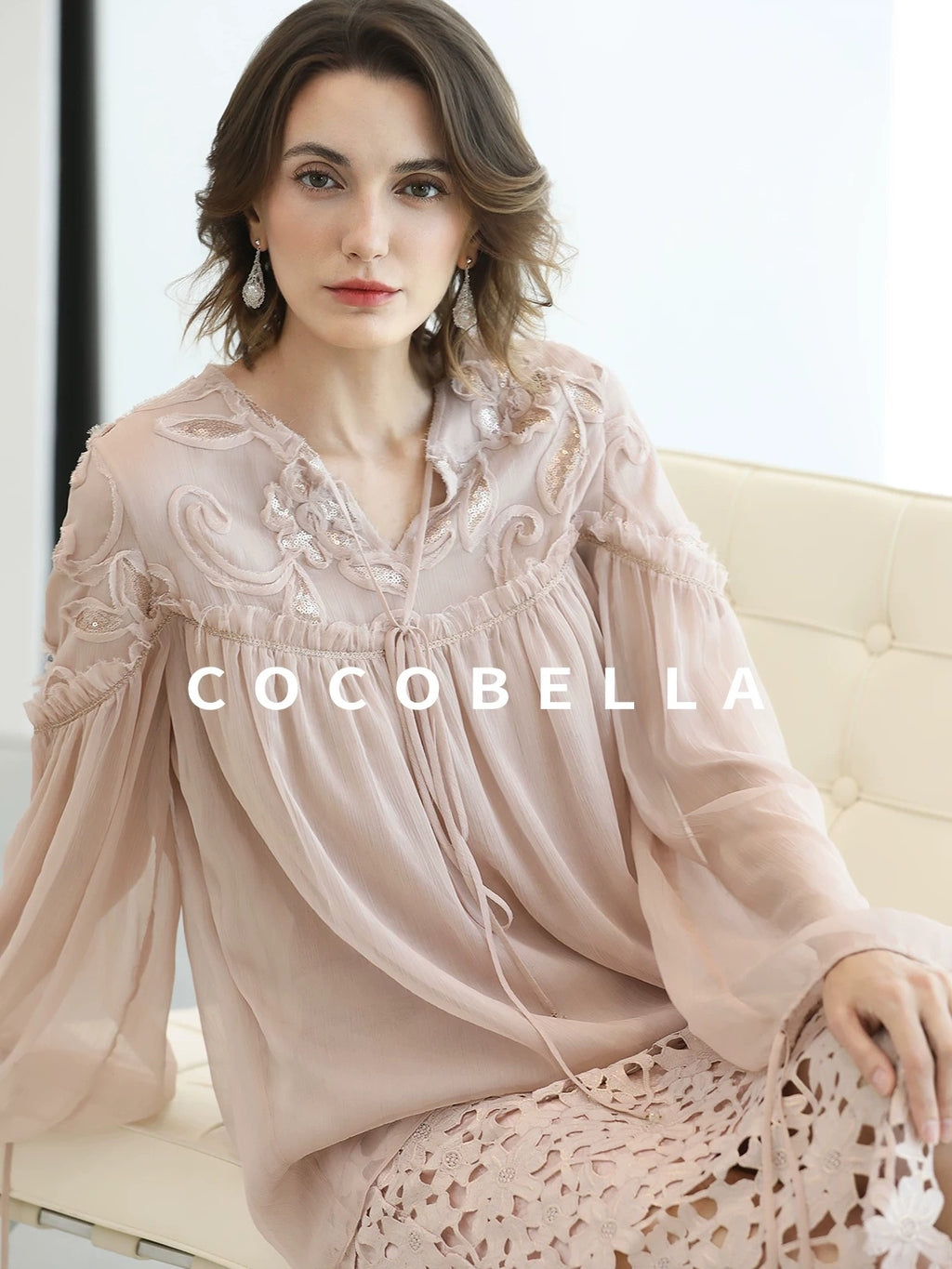 COCOBELLA Embroidered Sequin Tie Neck French Straight Lantern Sleeve Pleated Women Shirts