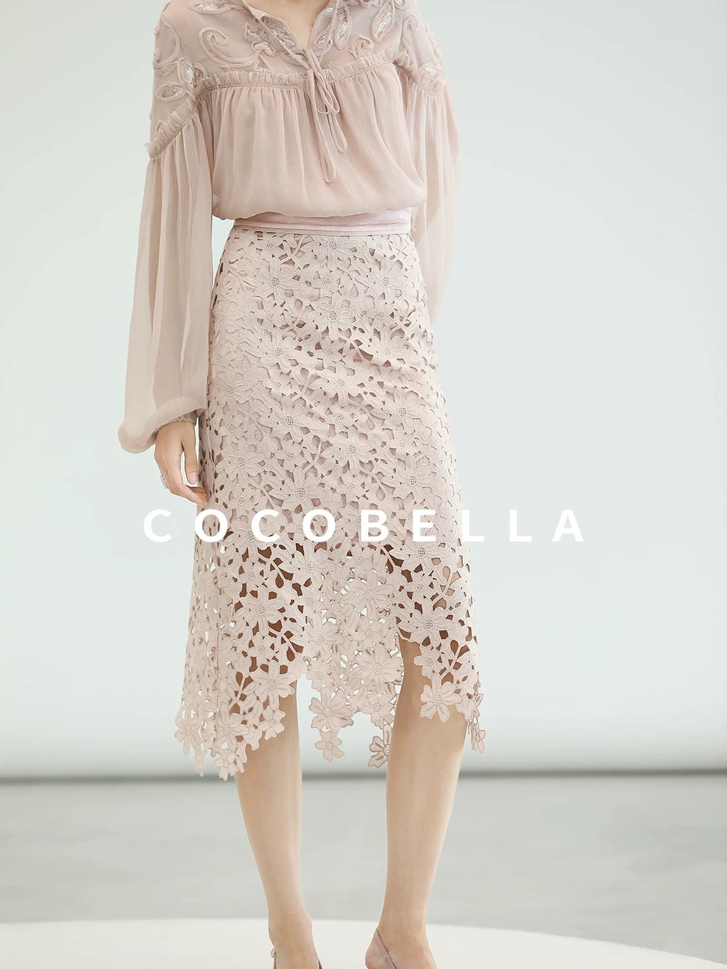 COCOBELLA Embroidered Sequin Tie Neck French Straight Lantern Sleeve Pleated Women Shirts