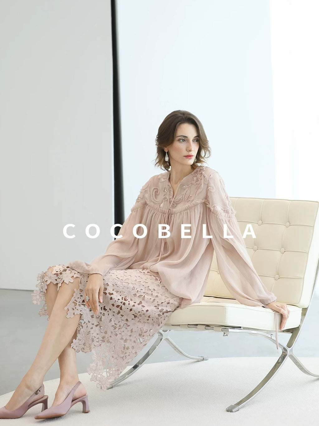 COCOBELLA Embroidered Sequin Tie Neck French Straight Lantern Sleeve Pleated Women Shirts