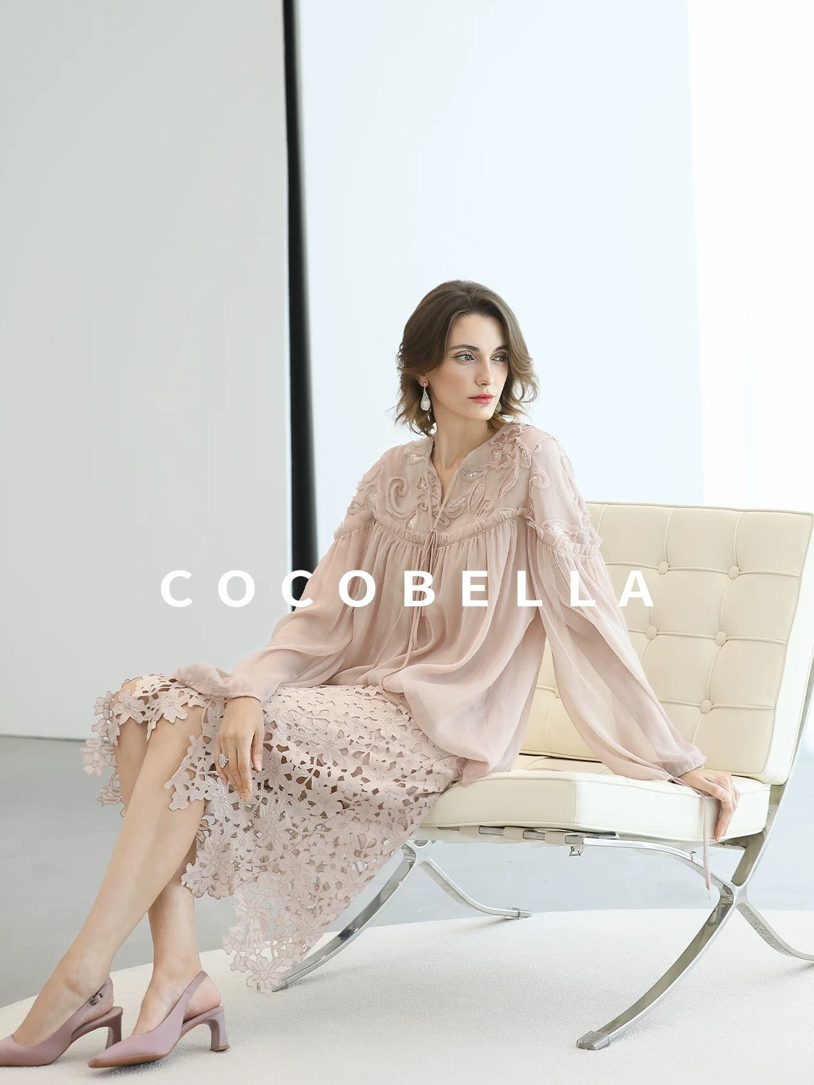 COCOBELLA Embroidered Sequin Tie Neck French Straight Lantern Sleeve Pleated Women Shirts