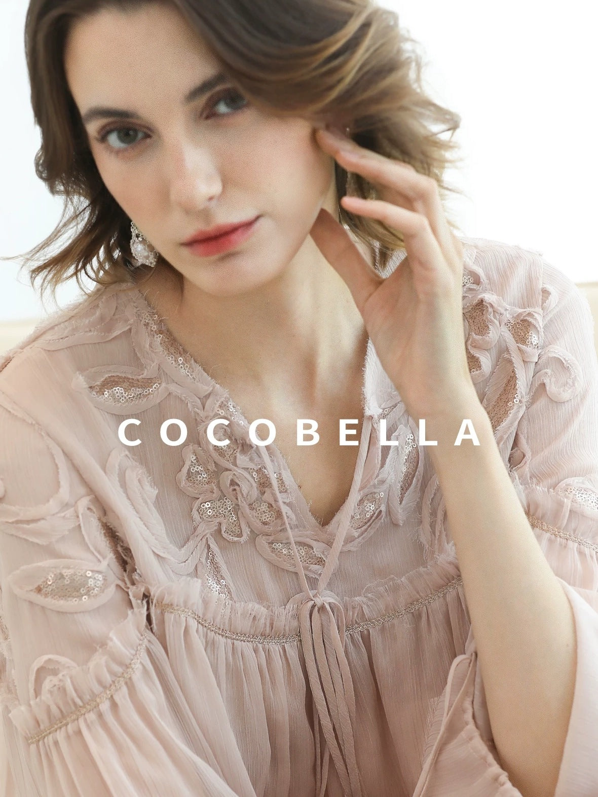COCOBELLA Embroidered Sequin Tie Neck French Straight Lantern Sleeve Pleated Women Shirts