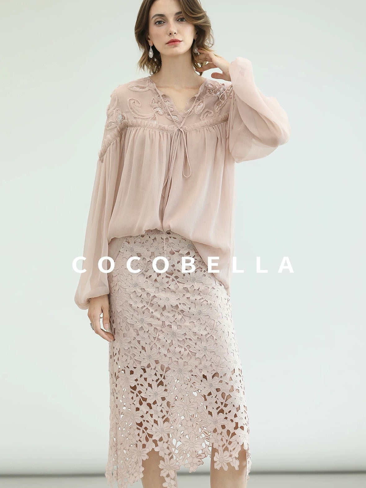 COCOBELLA Embroidered Sequin Tie Neck French Straight Lantern Sleeve Pleated Women Shirts