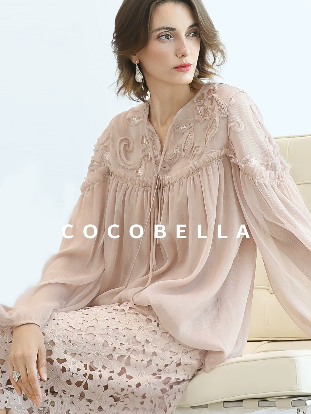 COCOBELLA Embroidered Sequin Tie Neck French Straight Lantern Sleeve Pleated Women Shirts