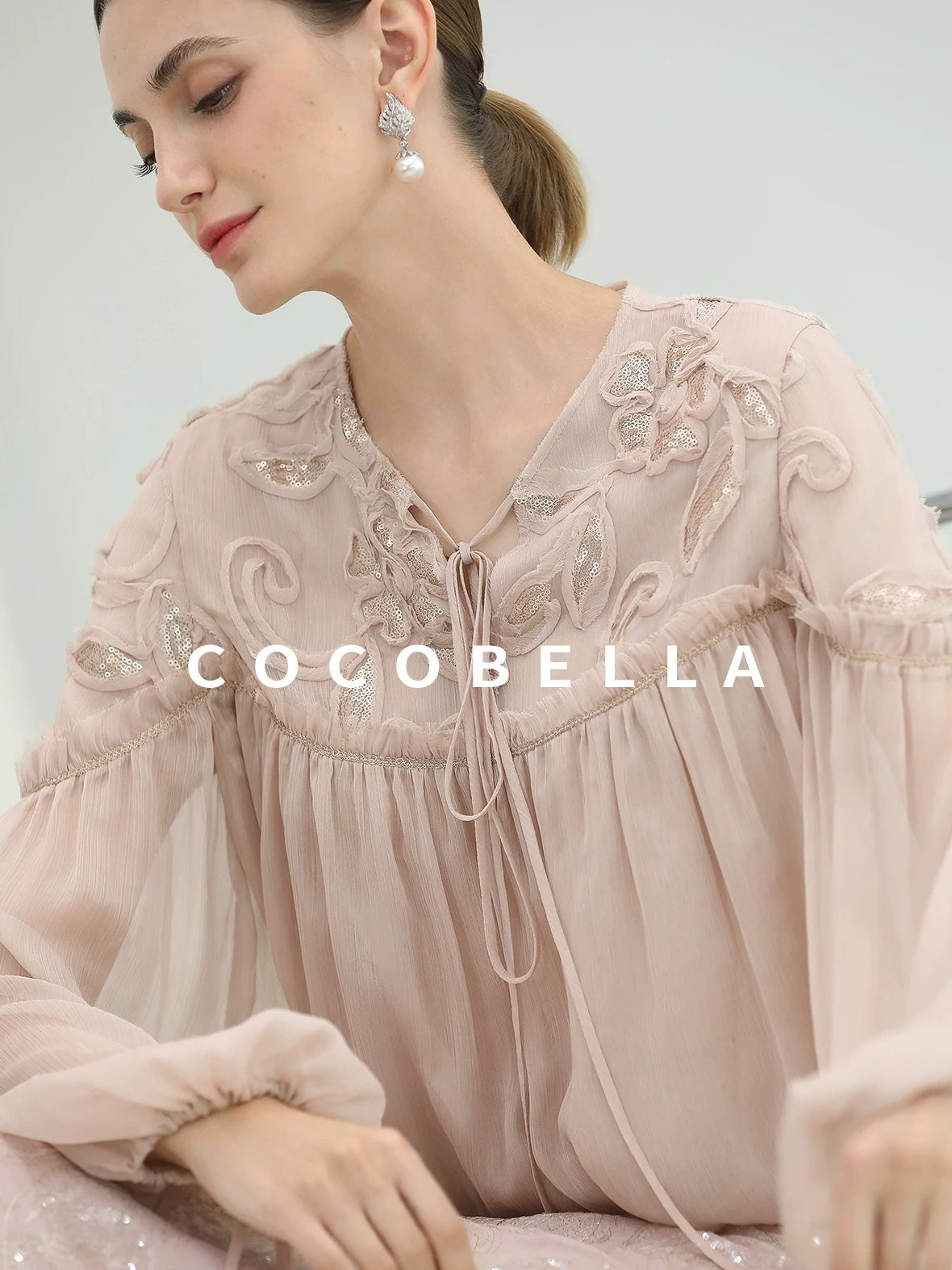 COCOBELLA Embroidered Sequin Tie Neck French Straight Lantern Sleeve Pleated Women Shirts