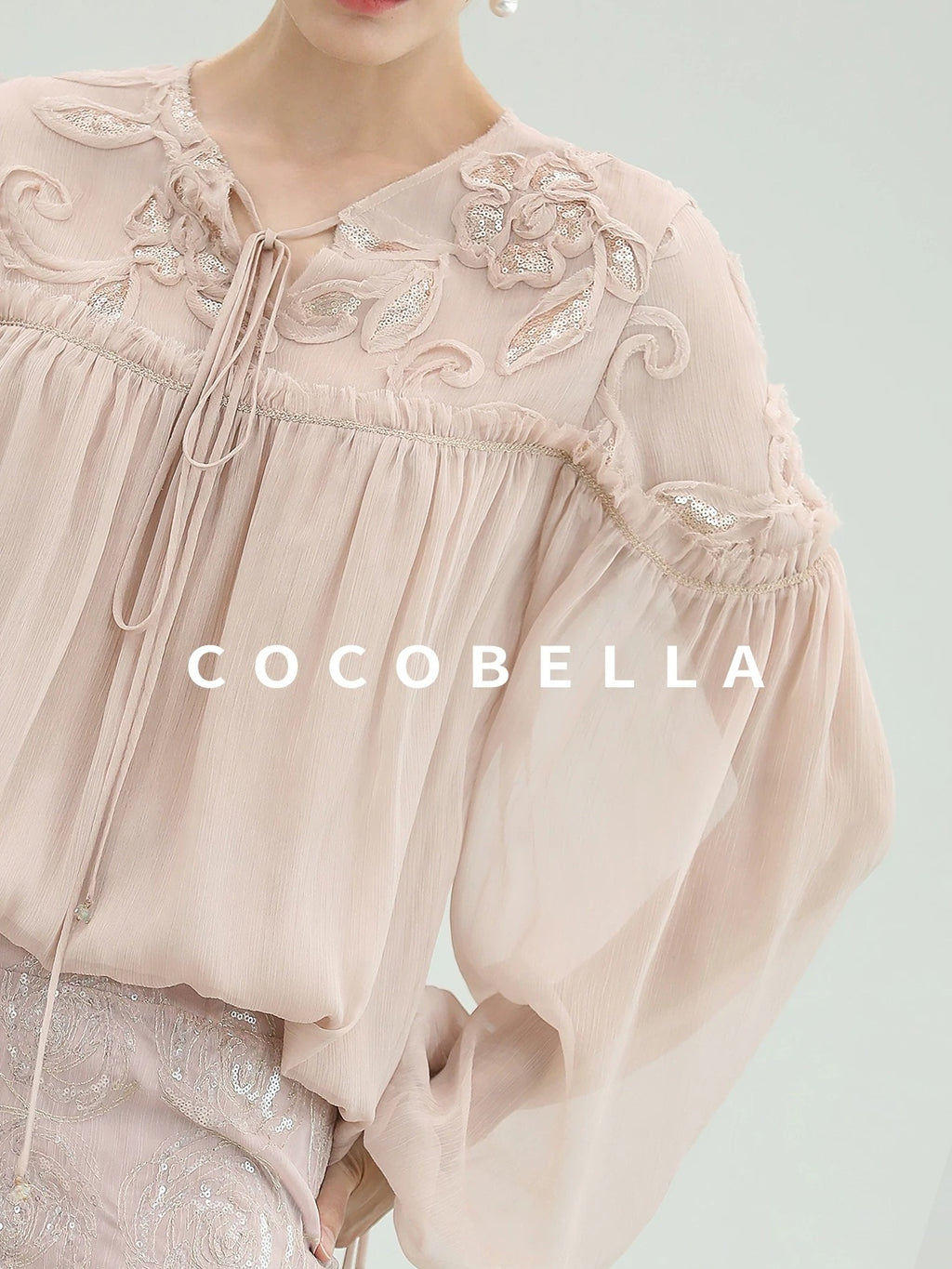 COCOBELLA Embroidered Sequin Tie Neck French Straight Lantern Sleeve Pleated Women Shirts