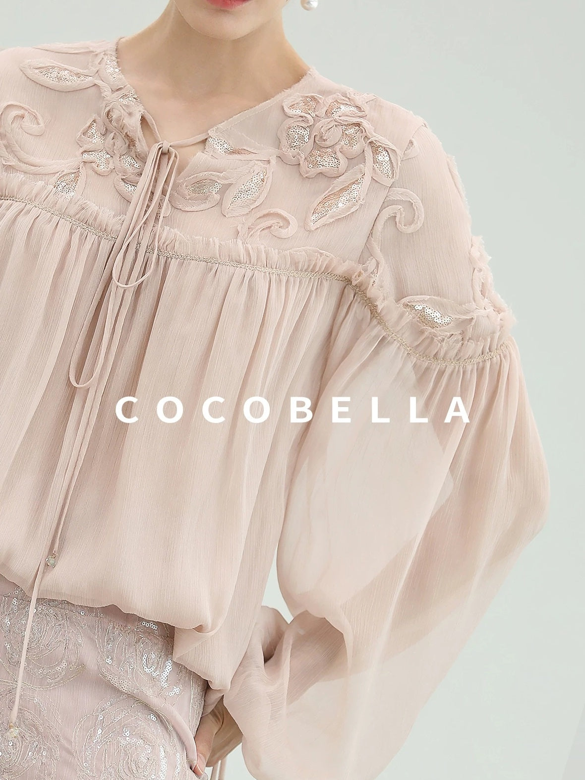COCOBELLA Embroidered Sequin Tie Neck French Straight Lantern Sleeve Pleated Women Shirts