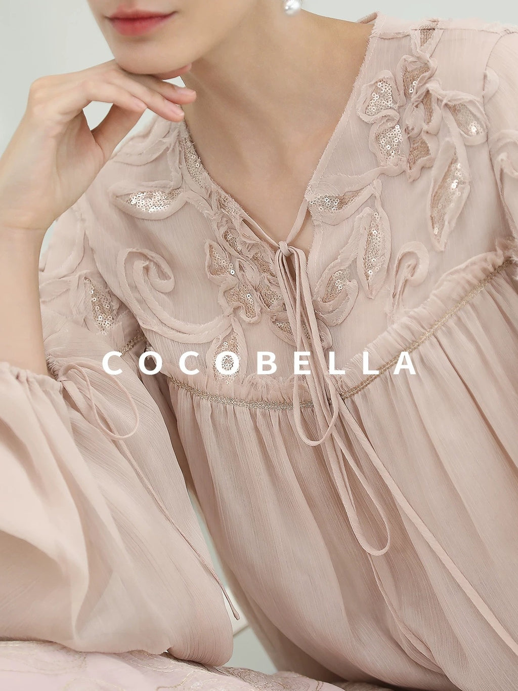 COCOBELLA Embroidered Sequin Tie Neck French Straight Lantern Sleeve Pleated Women Shirts