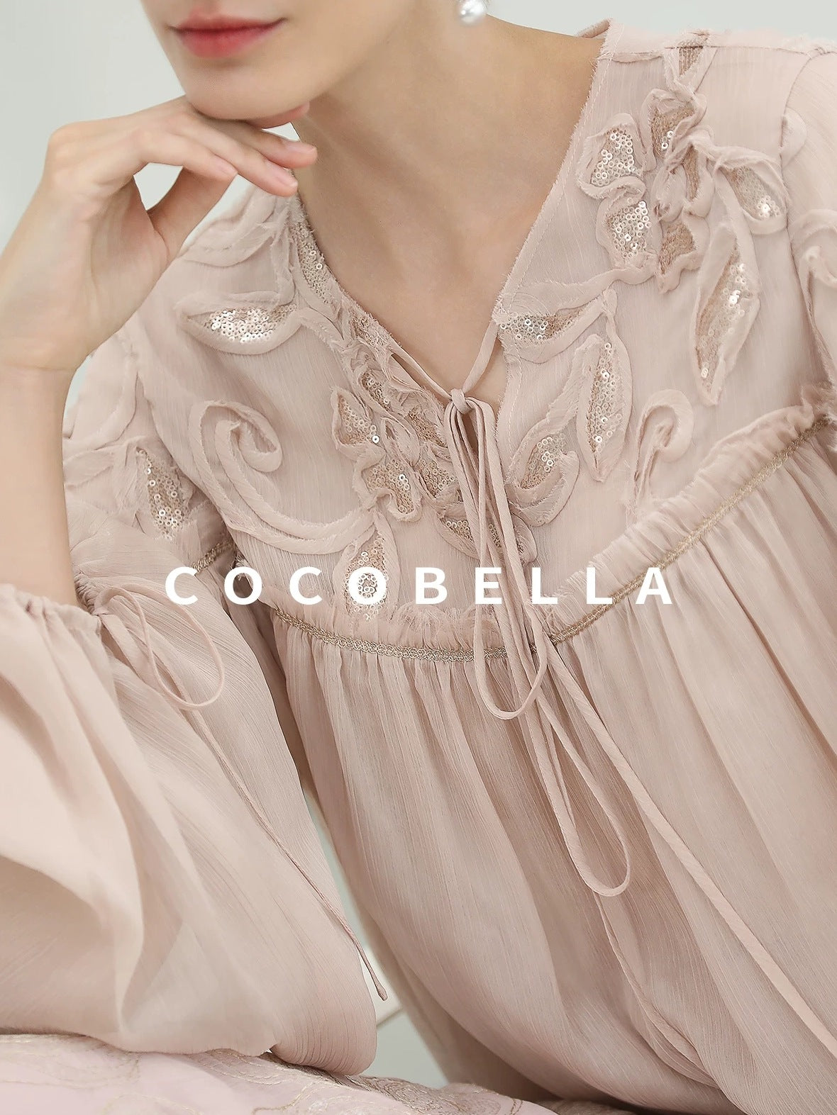COCOBELLA Embroidered Sequin Tie Neck French Straight Lantern Sleeve Pleated Women Shirts