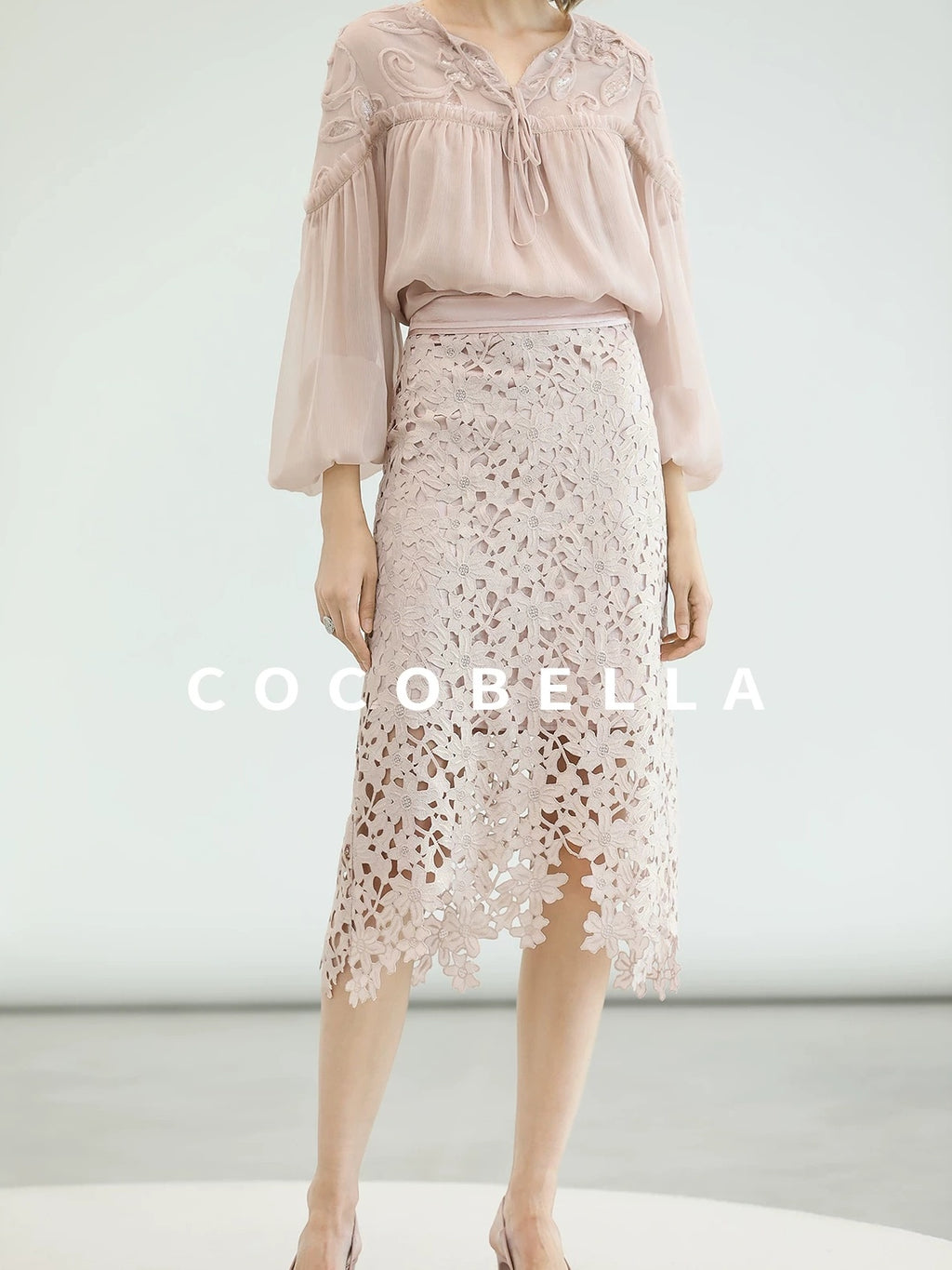 COCOBELLA Embroidered Sequin Tie Neck French Straight Lantern Sleeve Pleated Women Shirts