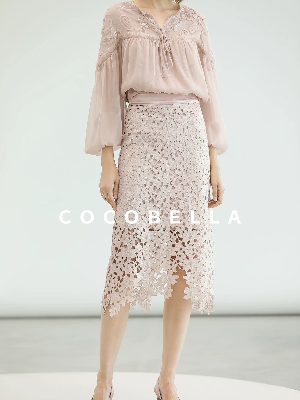 COCOBELLA Embroidered Sequin Tie Neck French Straight Lantern Sleeve Pleated Women Shirts