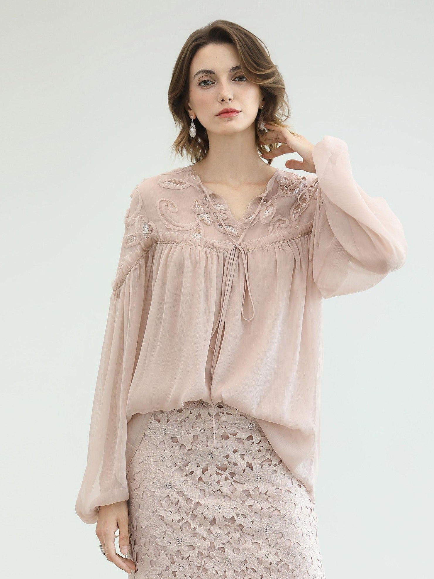 COCOBELLA Embroidered Sequin Tie Neck French Straight Lantern Sleeve Pleated Women Shirts