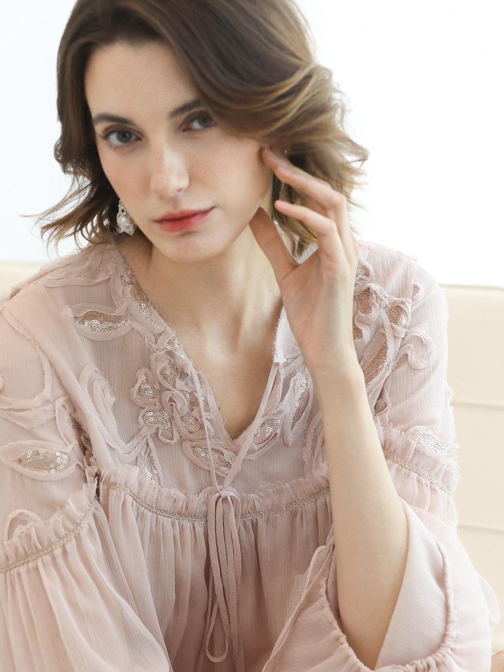 COCOBELLA Embroidered Sequin Tie Neck French Straight Lantern Sleeve Pleated Women Shirts