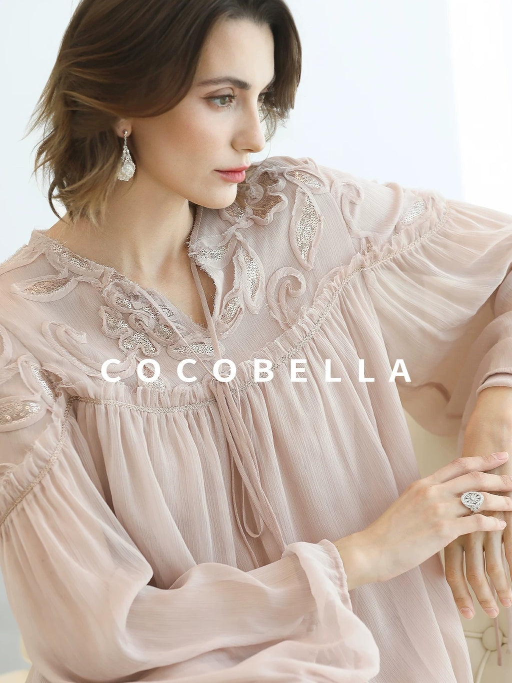COCOBELLA Embroidered Sequin Tie Neck French Straight Lantern Sleeve Pleated Women Shirts