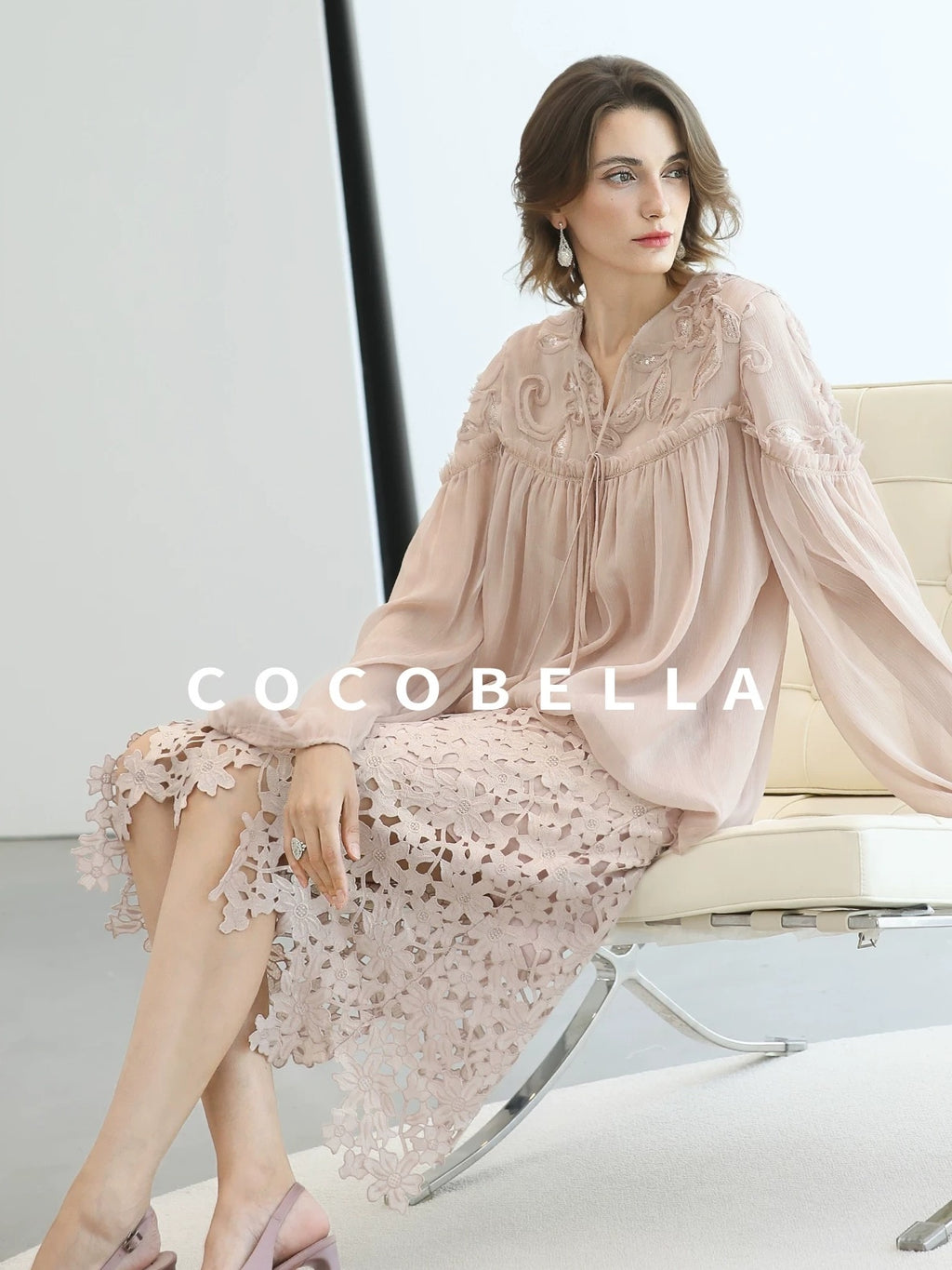 COCOBELLA Embroidered Sequin Tie Neck French Straight Lantern Sleeve Pleated Women Shirts