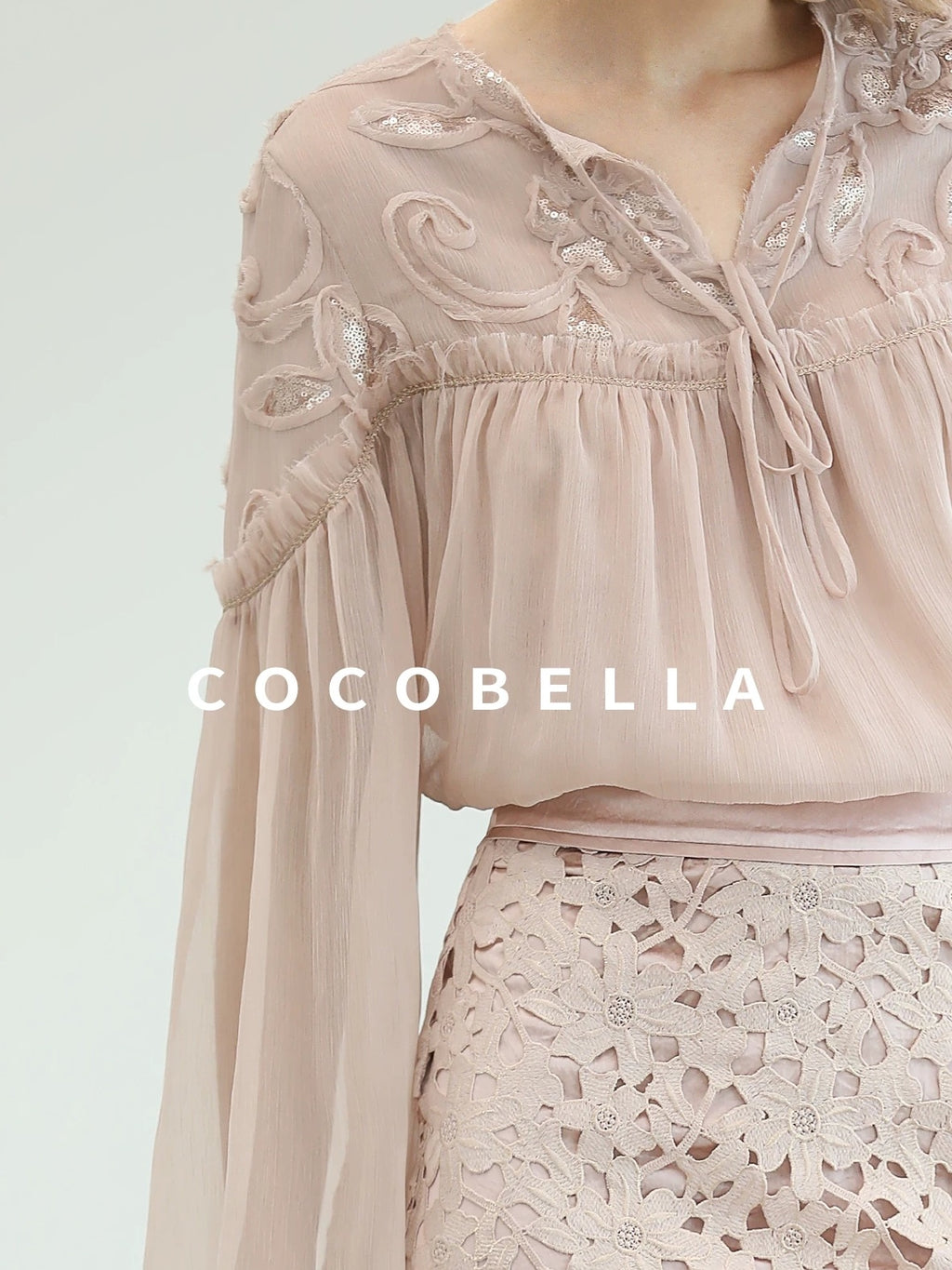 COCOBELLA Embroidered Sequin Tie Neck French Straight Lantern Sleeve Pleated Women Shirts
