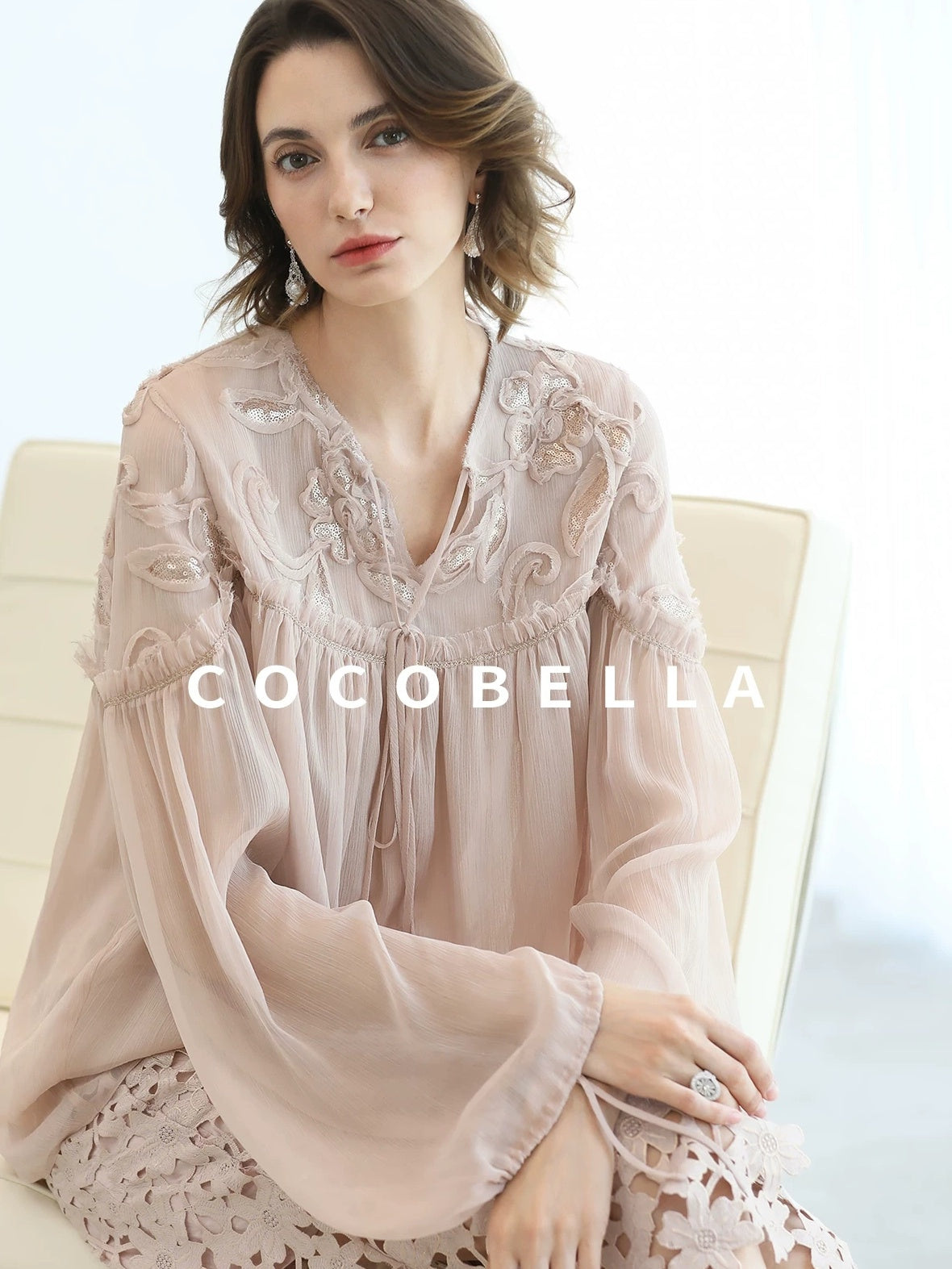 COCOBELLA Embroidered Sequin Tie Neck French Straight Lantern Sleeve Pleated Women Shirts