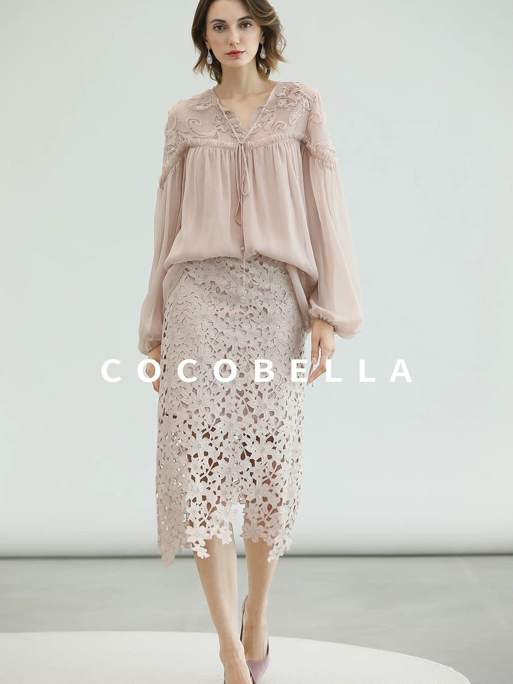 COCOBELLA Embroidered Sequin Tie Neck French Straight Lantern Sleeve Pleated Women Shirts