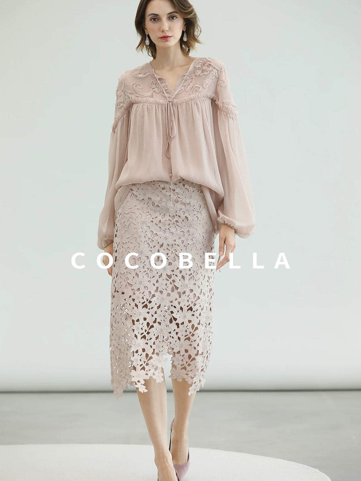 COCOBELLA Embroidered Sequin Tie Neck French Straight Lantern Sleeve Pleated Women Shirts