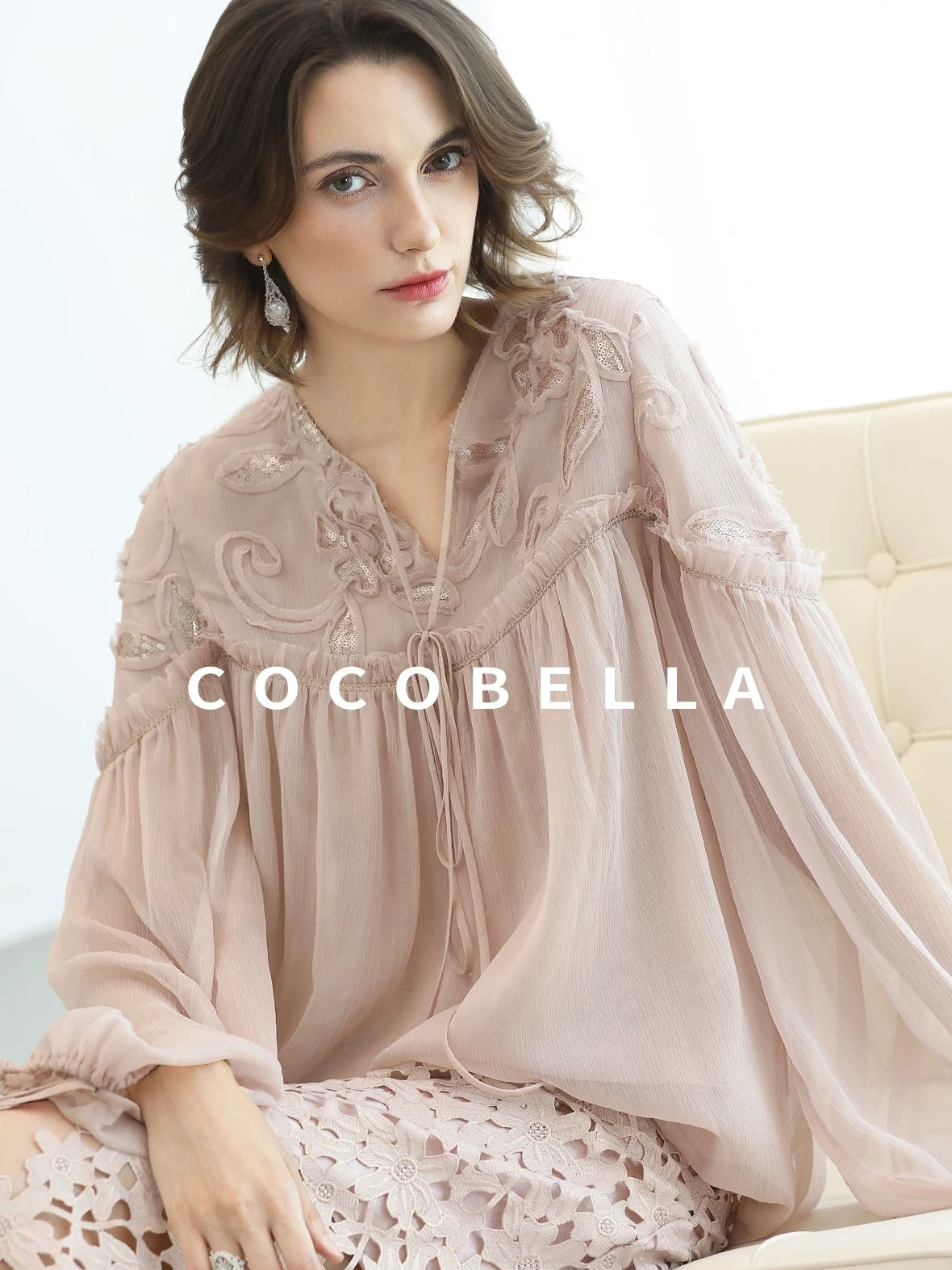 COCOBELLA Embroidered Sequin Tie Neck French Straight Lantern Sleeve Pleated Women Shirts