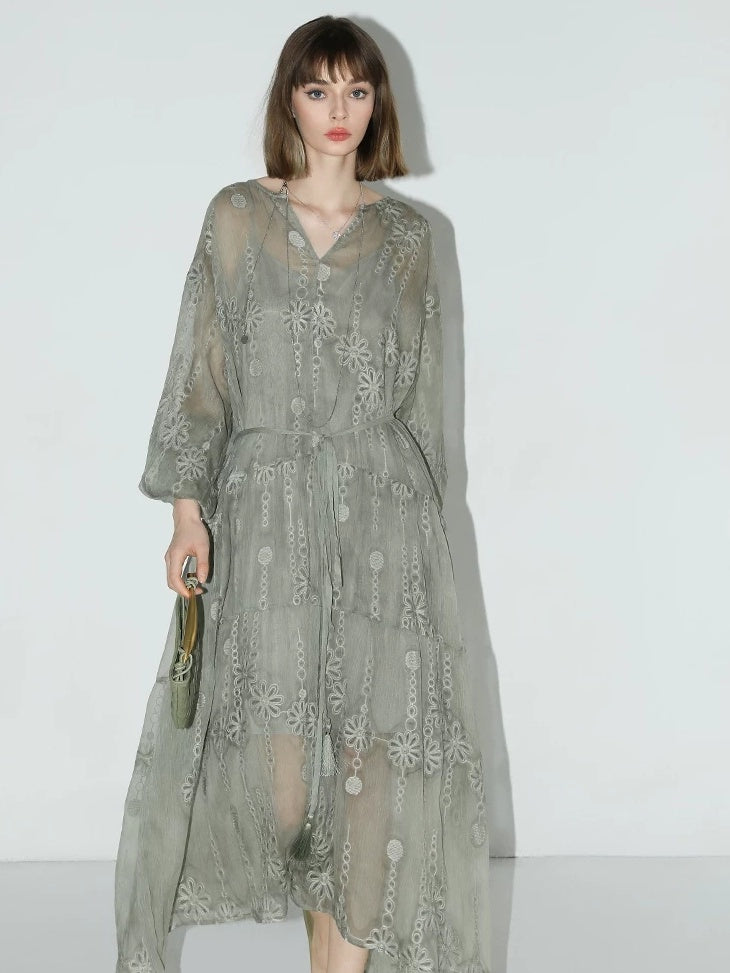 COCOBELLA Embroidered Tassel Belt Two Piece Resort V Neck A Line Women Dresses