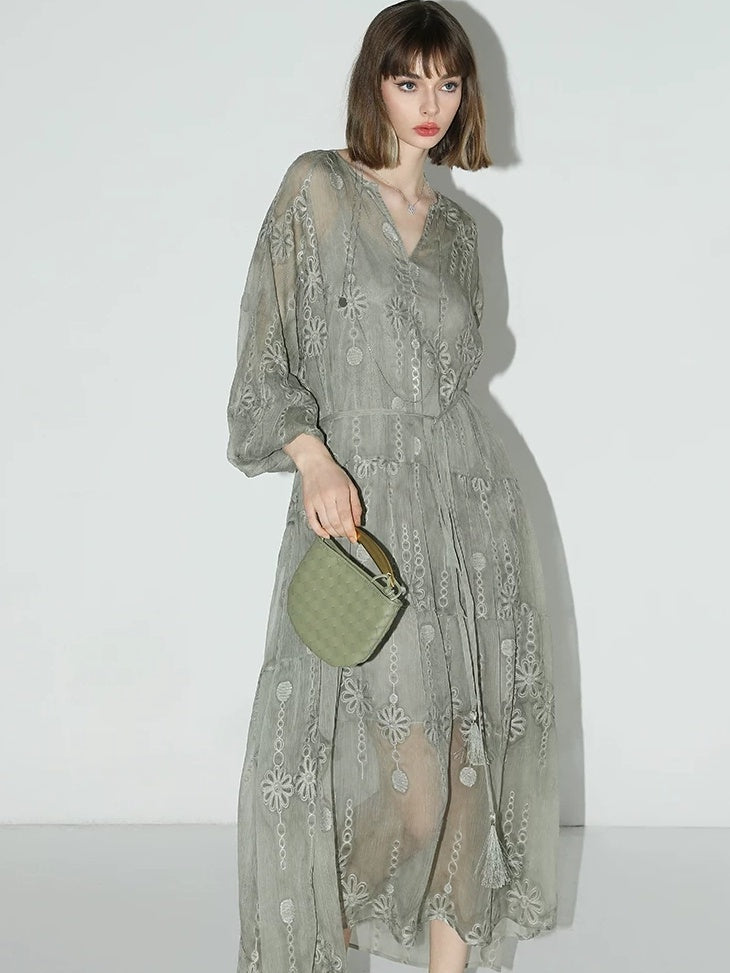 COCOBELLA Embroidered Tassel Belt Two Piece Resort V Neck A Line Women Dresses