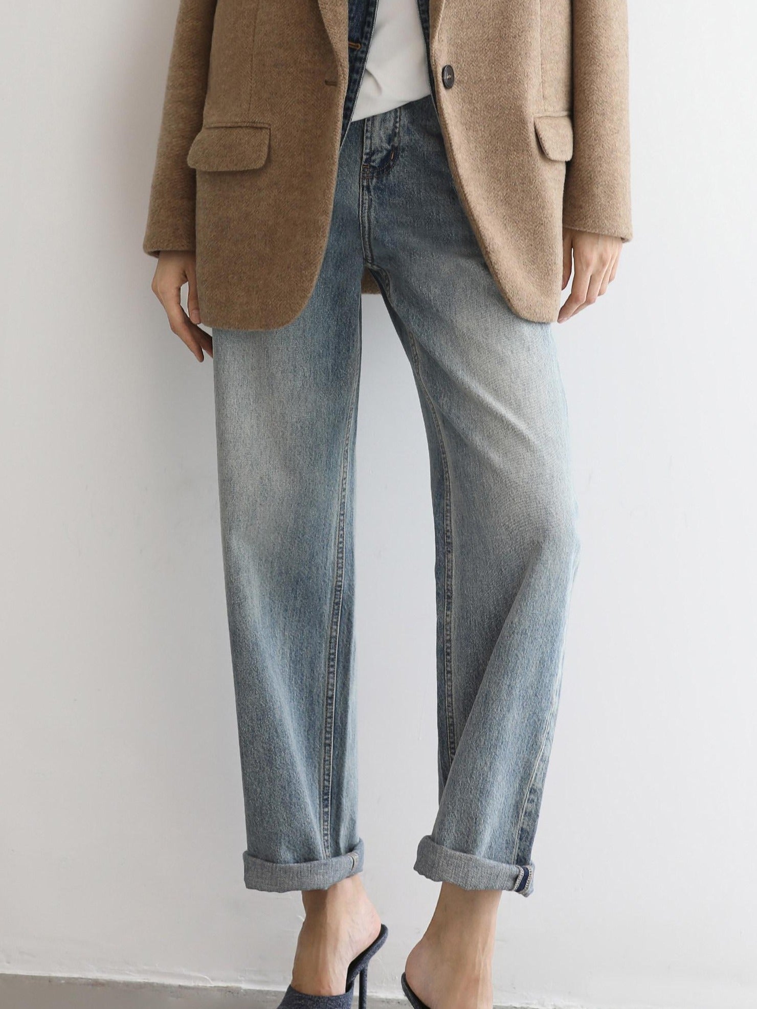 COCOBELLA Faded Cotton Straight Leg Natural Waist Casual Women Denim No Stretch Pants