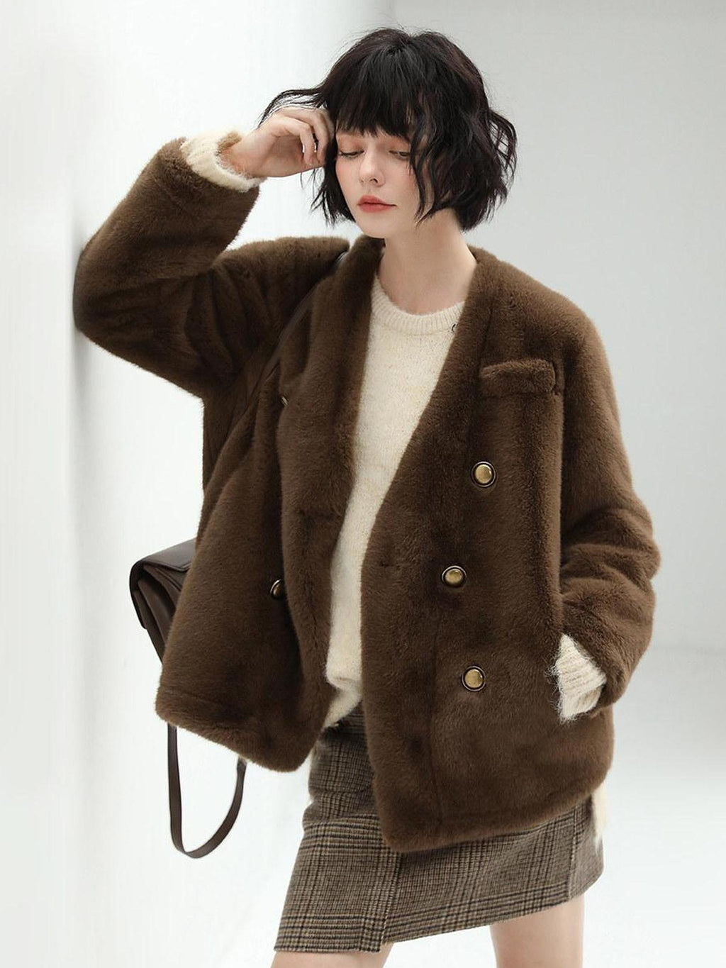 COCOBELLA Faux Fur Double Breasted V Neck Long Sleeve Office Style Women Coats Jackets