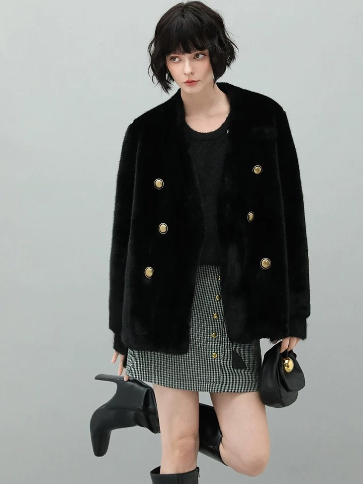 COCOBELLA Faux Fur Double Breasted V Neck Long Sleeve Office Style Women Coats Jackets