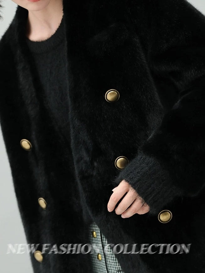 COCOBELLA Faux Fur Double Breasted V Neck Long Sleeve Office Style Women Coats Jackets