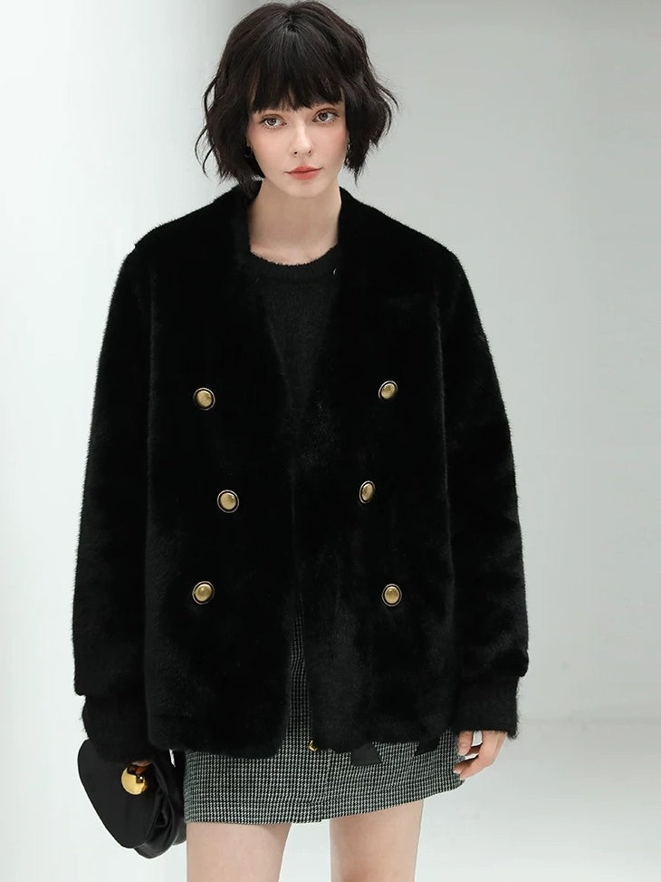 COCOBELLA Faux Fur Double Breasted V Neck Long Sleeve Office Style Women Coats Jackets