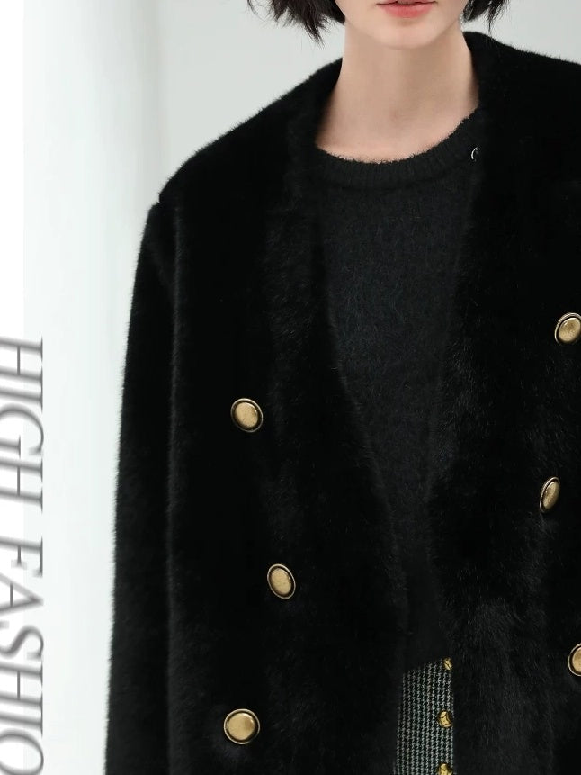 COCOBELLA Faux Fur Double Breasted V Neck Long Sleeve Office Style Women Coats Jackets