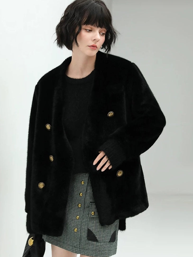 COCOBELLA Faux Fur Double Breasted V Neck Long Sleeve Office Style Women Coats Jackets