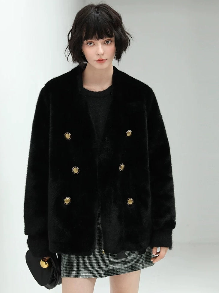 COCOBELLA Faux Fur Double Breasted V Neck Long Sleeve Office Style Women Coats Jackets