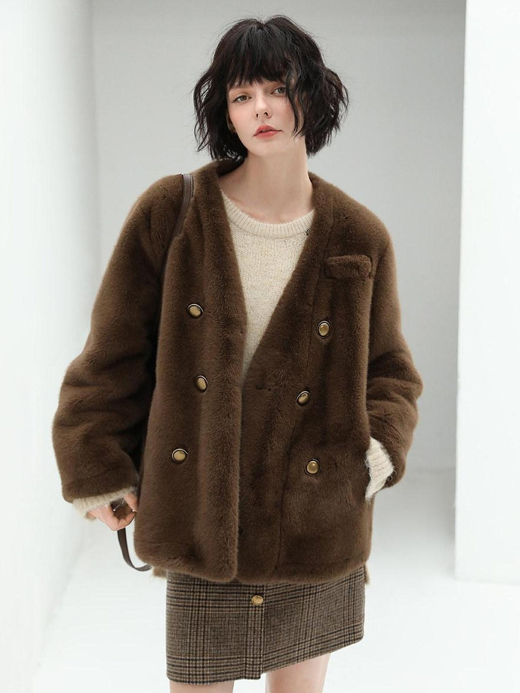 COCOBELLA Faux Fur Double Breasted V Neck Long Sleeve Office Style Women Coats Jackets