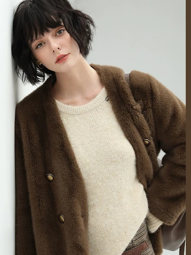 COCOBELLA Faux Fur Double Breasted V Neck Long Sleeve Office Style Women Coats Jackets