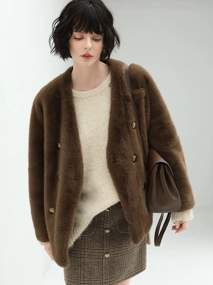 COCOBELLA Faux Fur Double Breasted V Neck Long Sleeve Office Style Women Coats Jackets